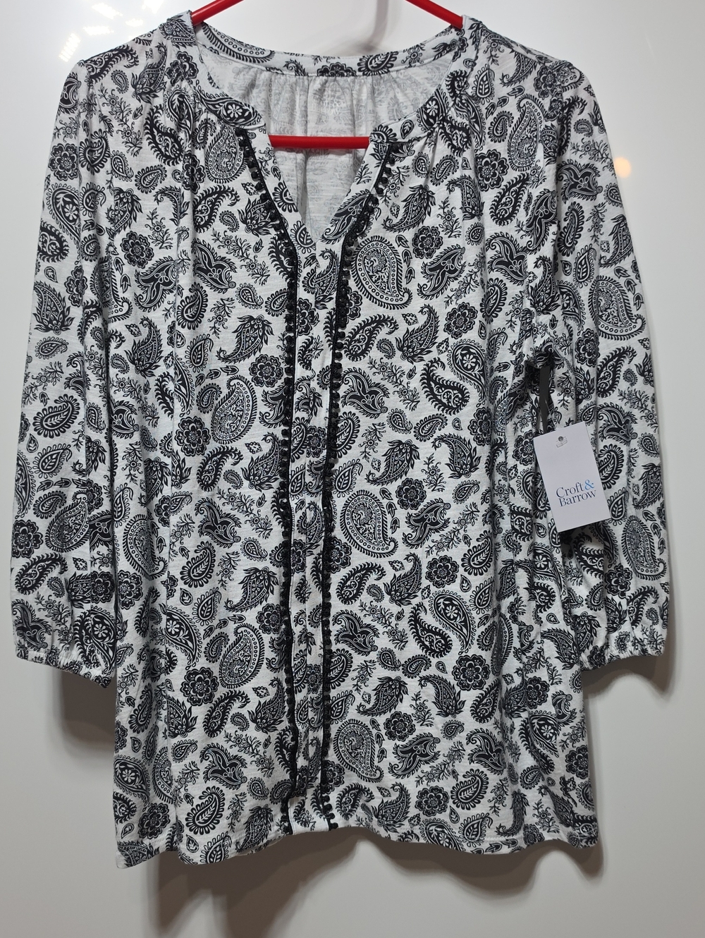Black & White Paisley Button-Front Tunic Blouse